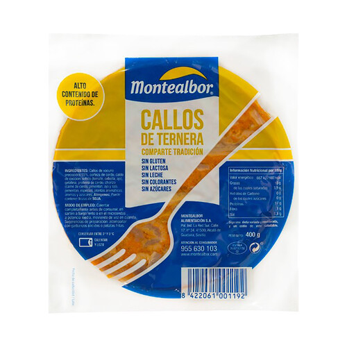 Alcampo MONTEALBOR Callos de ternera estilo tradicional sin azucares ni colorantes ni alérgenos ni gluten ni lactosa MONTEALBOR 400 g