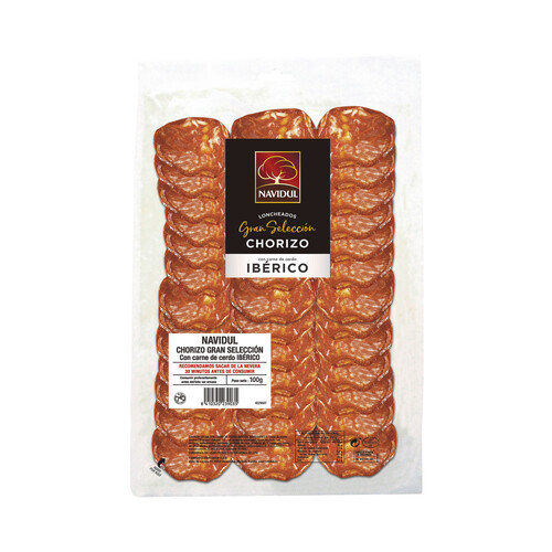 Alcampo NAVIDUL Chorizo con carne de cerdo ibérico sin gluten y cortado en lonchas NAVIDUL Gran selección 100 g