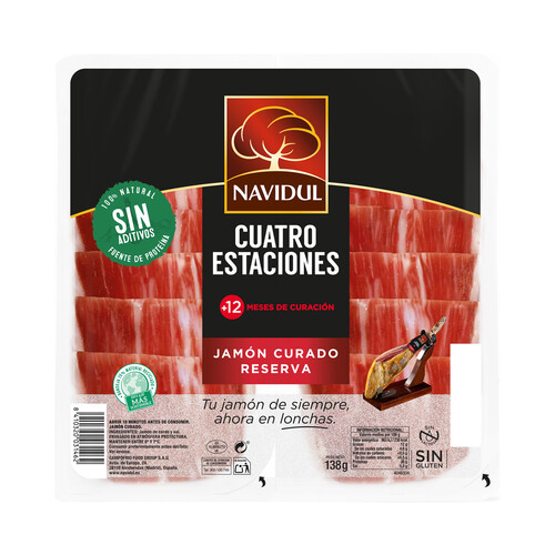 Alcampo NAVIDUL Cuatro estaciones Jamón curado reserva (+12 meses de curación) cortado en 1/2 lonchas 2 x 69 g