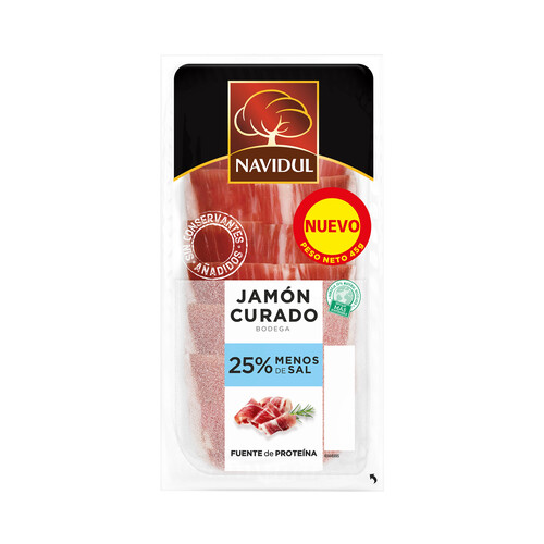 Alcampo NAVIDUL Jamón curado bodega con un 25% menos de sal sin gluten ni lactosa cortado en lonchas 45 g