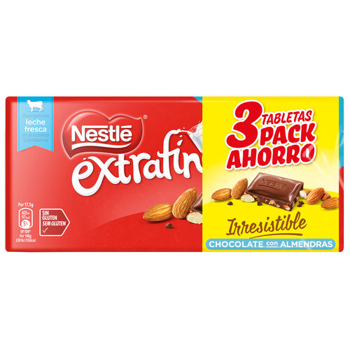 Alcampo NESTLÉ Extrafino Chocolate con leche y almendras 3 uds 123 g