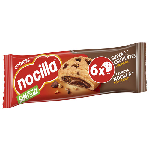 Alcampo NOCILLA Cookies Galletas con gotas de chocolate rellenas con crema de cacao con avellanas 6 uds. 20 g