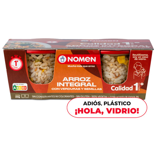 Alcampo NOMEN Arroz integral con verduras vasito para microondas 2 uds x 140 g