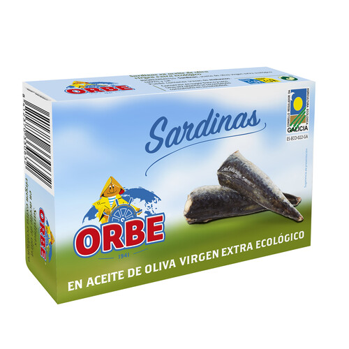 Alcampo ORBE Sardinas en aceite de oliva virgen extra ecológico bajo en sal ORBE 87 g