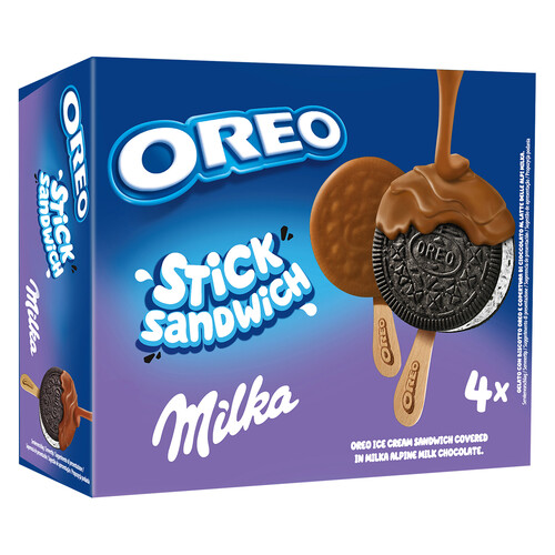 Alcampo OREO Bómbon de galleta oreo recubierta de chocolate con leche Milka 4 x 75 ml