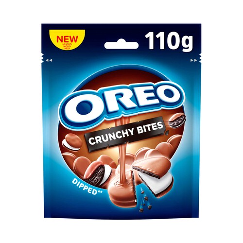 Alcampo OREO Mini Crunchy Bites galletas de Cacao Rellenas de Crema Sabor Vainilla y Cubiertas de Chocolate con Leche 110 g