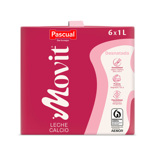 Alcampo PASCUAL Movit Leche desnatada de vaca con calcio y con alto contenido en vitamina D 6 x 1 l