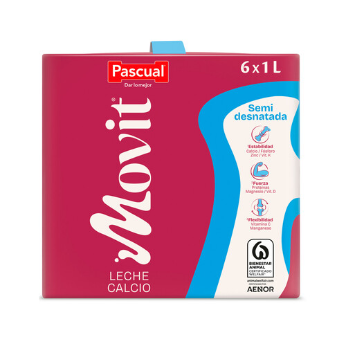 Alcampo PASCUAL Movit Leche semidesnatada de vaca con calcio y con alto contenido en vitamina D 6 x 1 l
