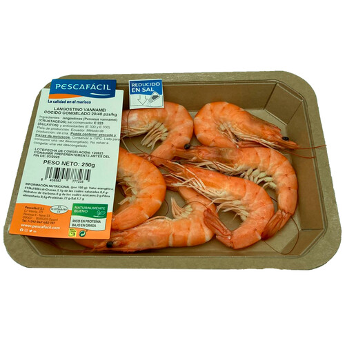 Alcampo PESCAFACIL Langostino vannamei cocido reducido sal 20/40 250 g