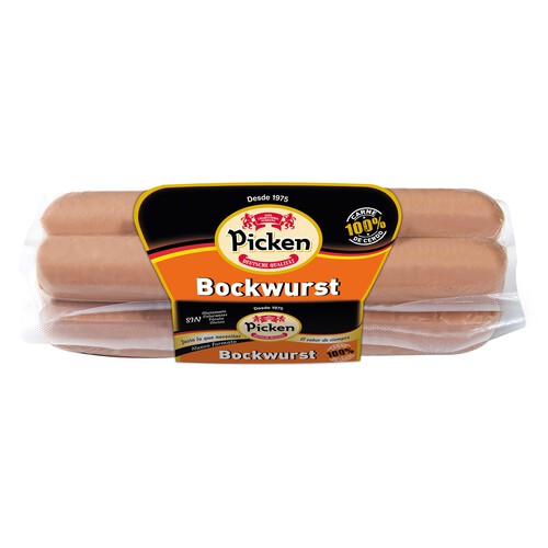 Alcampo PICKEN Salchichas alemanas con ternera tipo Bockwurst elaboradas sin gluten ni glutamato ni fécula PICKEN 300 g