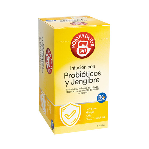 Alcampo POMPADOUR Infusión con probióticos y jenjibre 15 uds. 26 g
