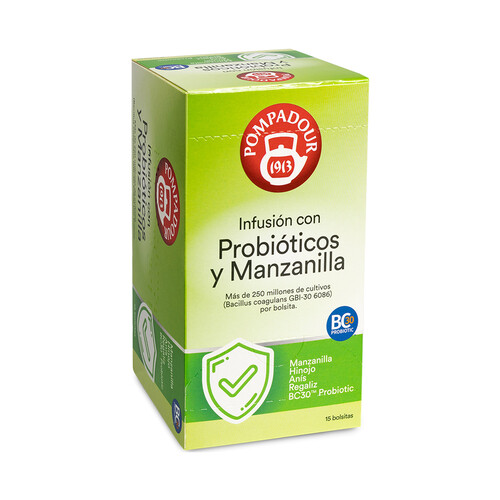 Alcampo POMPADOUR Infusión con probióticos y manzanilla 15 uds. 26 g
