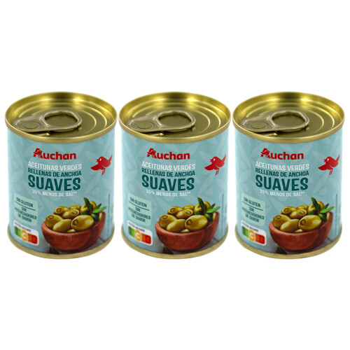 Alcampo PRODUCTO ALCAMPO Aceitunas verdes suaves rellenas de anchoa y con un 35% menos de sal 3 x 50 g