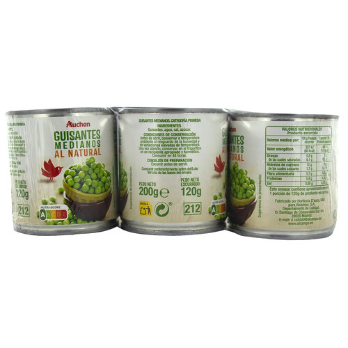 Alcampo PRODUCTO ALCAMPO Guisantes medianos al natural 3 uds. 120 g