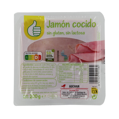 Alcampo PRODUCTO ECONÓMICO ALCAMPO Jamón cocido cortado en lonchas sin gluten y sin lactosa PRODUCTO ECONÓMICO ALCAMPO 200 g