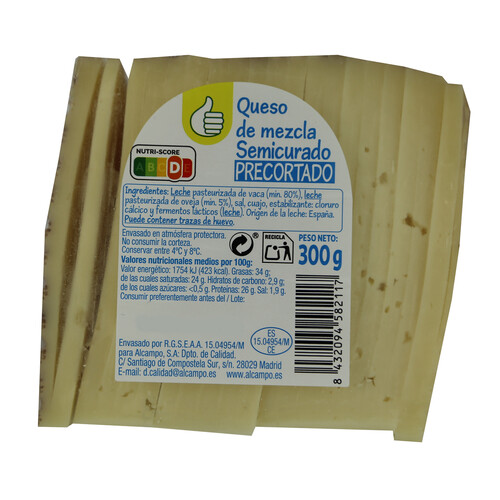 Alcampo PRODUCTO ECONÓMICO ALCAMPO Queso mezcla semicurado precortado PRODUCTO ECONÓMICO ALCAMPO YA CORTADO 300 g