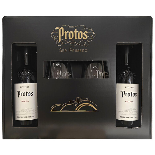 Alcampo PROTOS Estuche Con 2 Botellas De Vino Tinto Crianza Con D.O. Ribera Del Duero + 2 Copas