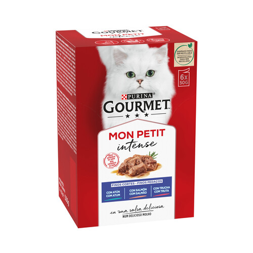 Alcampo PURINA Gorumet mon petit intense Comida para gatos adultos de atún salmón y trucha 6 x 50 g