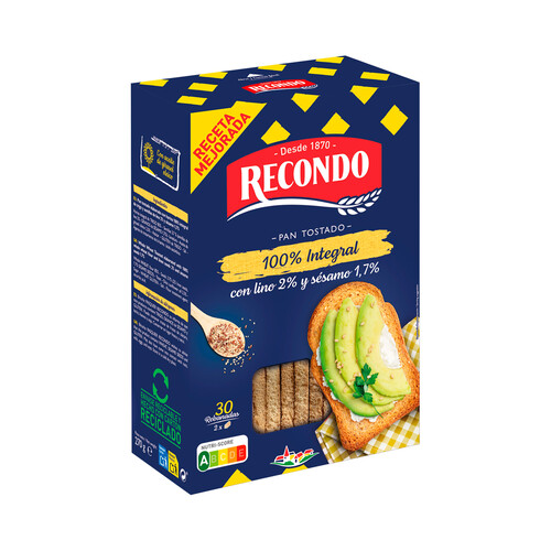 Alcampo RECONDO Integral Pan tostado 100% integral con un 2% de lino y 1.7% de sesamo 30 rebanadas 270 g