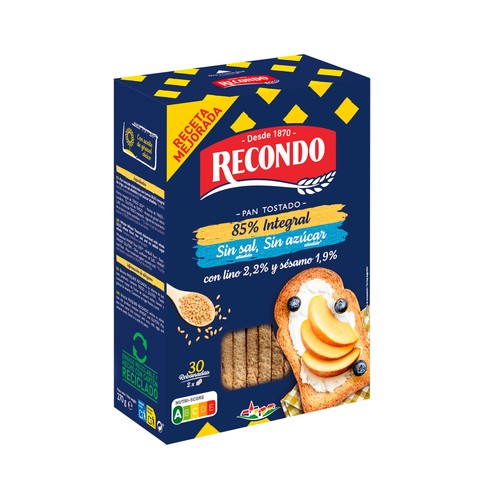 Alcampo RECONDO Pan tostado integral en rebanadas bajo contenido en sal 270 g