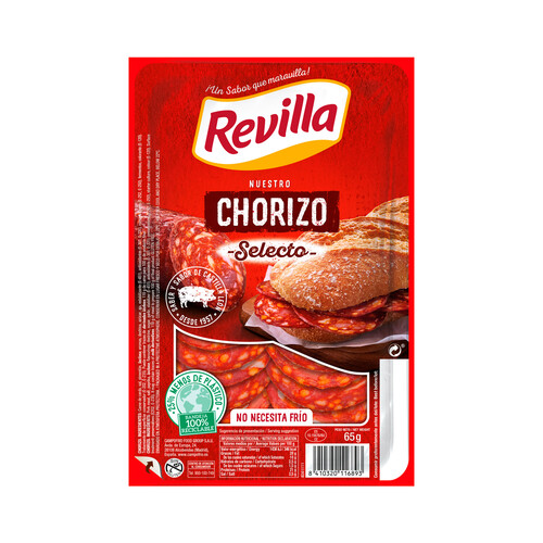 Alcampo REVILLA Chorizo selecto elaborado sin gluten y cortado en lonchas REVILLA 65 g