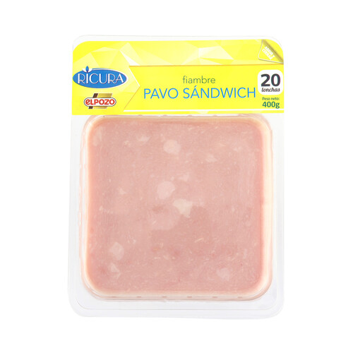 Alcampo RICURA de El Pozo Fiambre de pechuga de pavo especial para sándwich cortado en lonchas 400 g