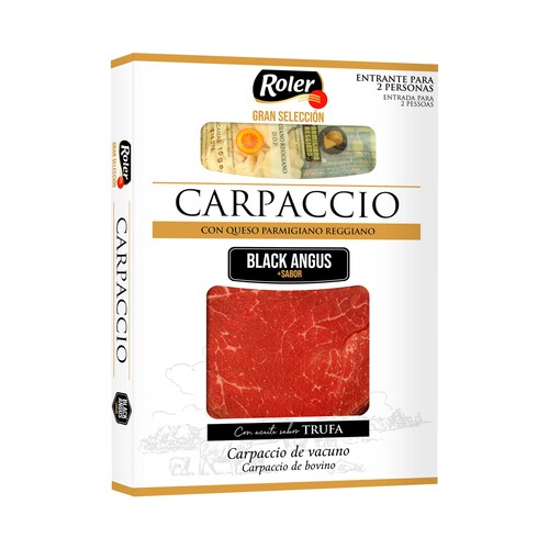 Alcampo ROLER Carpaccio de vacuno (Black Angus) con queso Parmigiano reggiano y aceite sabor trufa 80 g