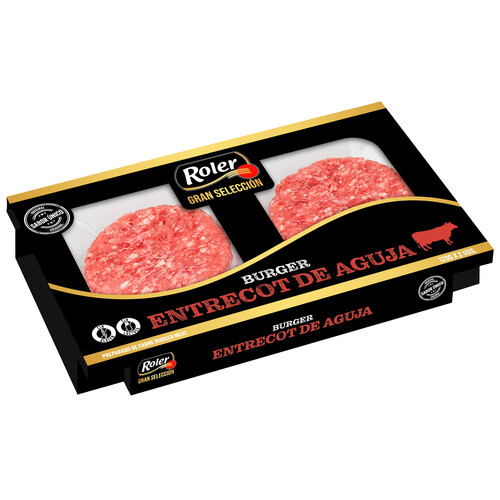 Alcampo ROLER Gran selección Bandeja de burger meat de entrecot de aguja de vacuno 2 x 120 g