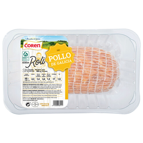 Alcampo Roti de pollo elaborado sin gluten ni lactosa COREN 900 g