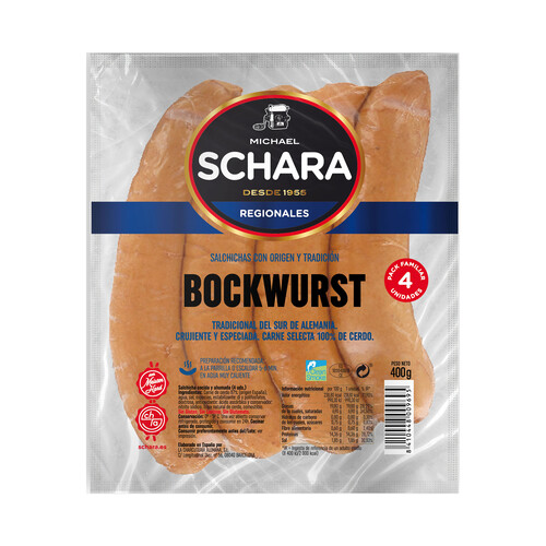 Alcampo Salchichas cocidas y ahumadas tipo Bockwurst SCHARA 4 x 100 g