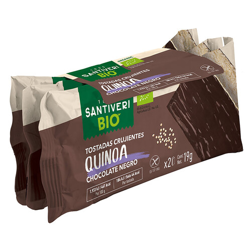 Alcampo SANTIVERI Tostadas ligeras con quinoa bañadas en chocolate negro ecológicas SANTIVERI 3 uds. x 19 g