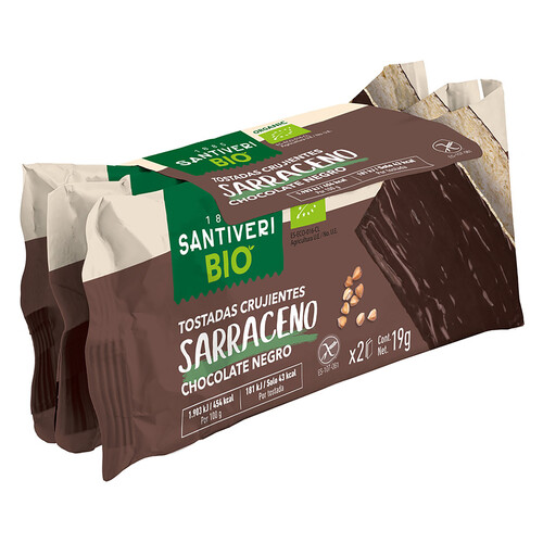 Alcampo SANTIVERI Tostadas ligeras con sarraceno bañadas en chocolate negro ecológicas SANTIVERI 3 uds. x 19 g