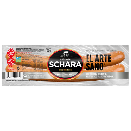 Alcampo SCHARA Salchichas cocidas y ahumadas tipo Frankfurt elaboradas artesanalmente en tripa natural SCHARA 170 g