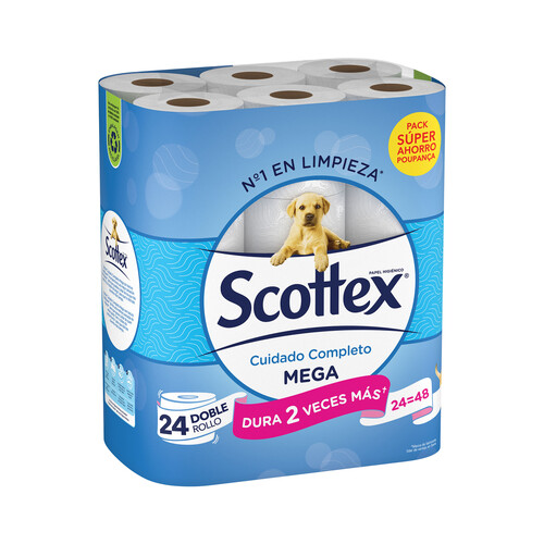 Alcampo SCOTTEX Papel higiénico Mega (más papel por rollo 24 rollos de tipo mega rollo equivalen a 48 rollos standard) 24 rollos