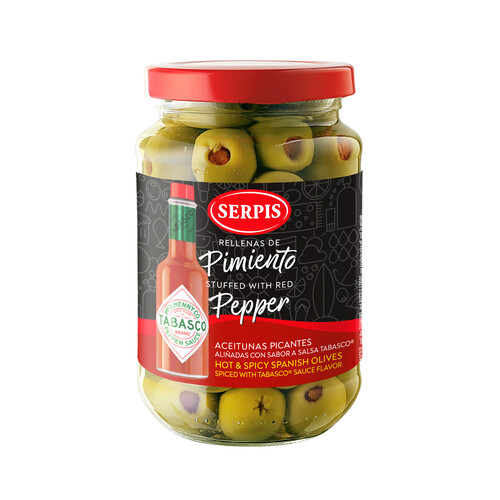 Alcampo SERPIS Aceitunas aliñadas rellenas de pimiento con sabor a salsa tabasco bote 200 g