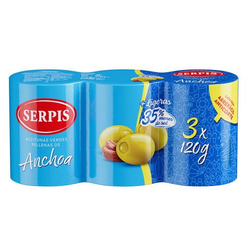 Alcampo SERPIS Aceitunas verdes rellenas de anchoas (35% menos de sal) lata 3 x 50 g