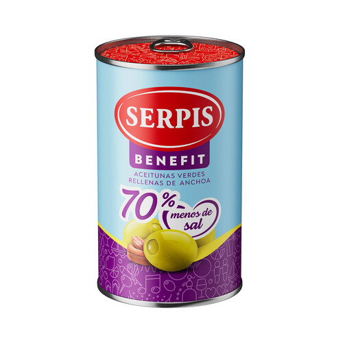 Alcampo SERPIS Benefit Aceitunas verdes rellenas de anchoa (70% menos de sal) lata 130 g