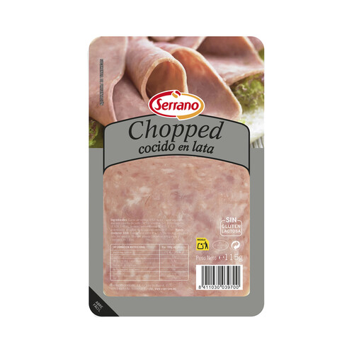 Alcampo SERRANO Chopped cocido en lata cortado en lonchas elaborado sin gluten ni lactosa SERRANO 115 g