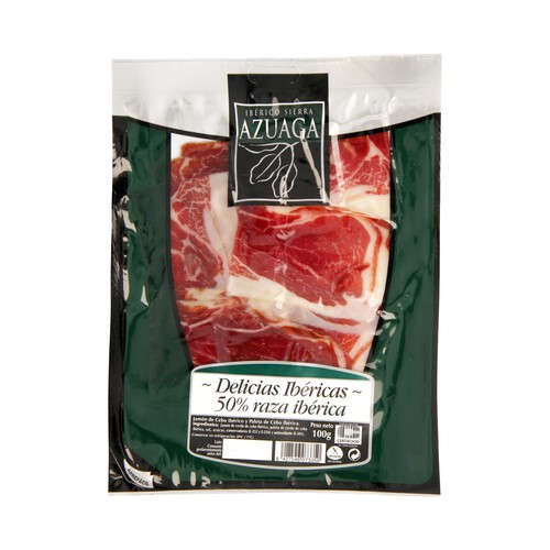 Alcampo SIERRA AZUAGA Delicias ibéricas 50 gramos de jamón y 50 gramos de paleta (50% raza ibérica) SIERRA AZUAGA 100 g