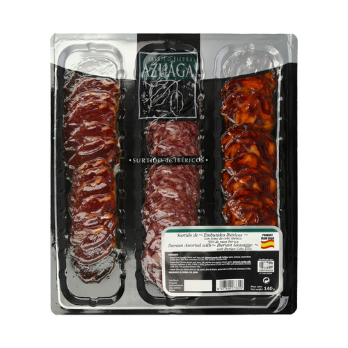 Alcampo SIERRA AZUAGA Surtido de ibéricos compuesto por lomo chorizo y salchichón ibéricos de cebo (50% raza ibérica) AZUAGA 140 g