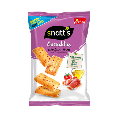 Alcampo SNATT´S Bocaditos snaks de pan con sabor a jamón y a tomate 110 g