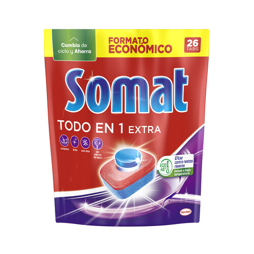 Alcampo SOMAT Detergente lavavajillas a máquina SOMAT Tabs TodoEn1 26 dosis 457 gr