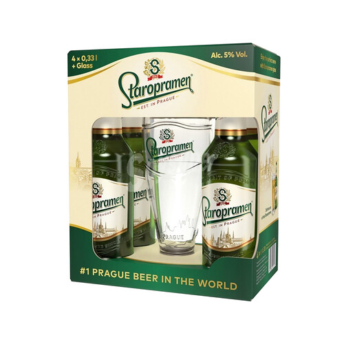 Alcampo STAROPRAMEN Pack De Cerveza Rubia Pilsner Checa 4 Botellas De 33 Centilitros + Vaso