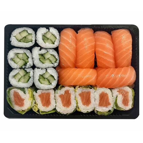 Alcampo SUSHI GOURMET Bandeja 6 sushi salmón 6 maki pepino y 6 cristal salmón SUSHI GOURMET 18 uds