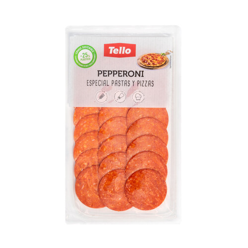 Alcampo TELLO Pepperoni cortado en finas lonchas especial para la elaboración pastas y pizzas TELLO 75 g