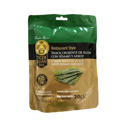 Alcampo TIGER KHAN Snack de algas crujientes con sésamo y arroz TIGER KHAN 20 g