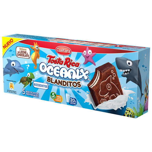Alcampo TOSTA RICA Oceanix Pastelitos de cacao rellenos de leche y chocolate 5 uds. 160 gr