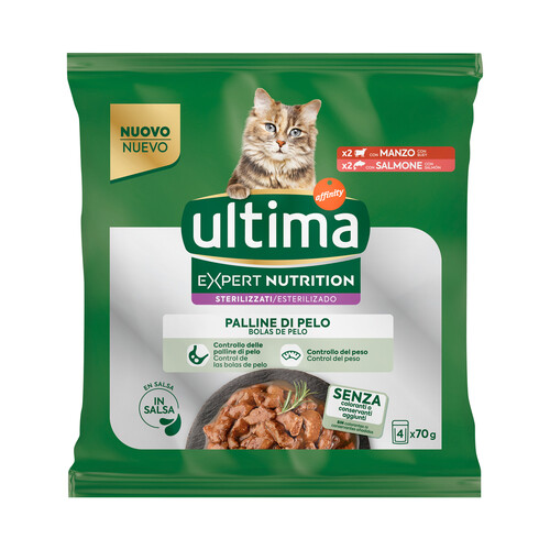 Alcampo ULTIMA Expert nutrition Alimento para gatos adultos esterilizados (1-10 años) propensos desarrollo bolas de pelo 4 x 70 g