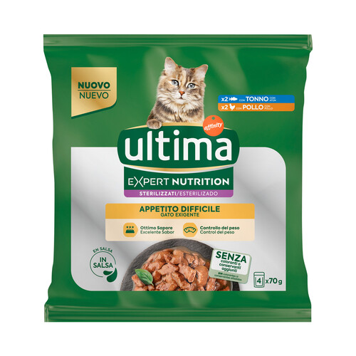 Alcampo ULTIMA Expert nutrition Alimento para gatos adultos esterilizados (1-10 años) con apetito dificil 4 x 70 g