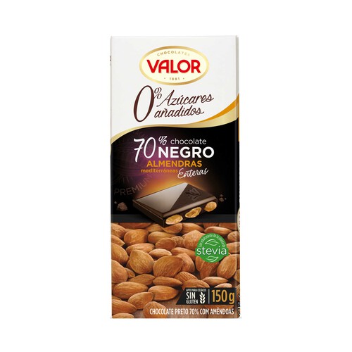 Alcampo VALOR Chocolate 70% negro con almendras enteras 0% azúcares añadidos 150 g